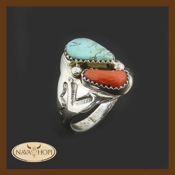 Navajo Herrenring Türkis und Koralle