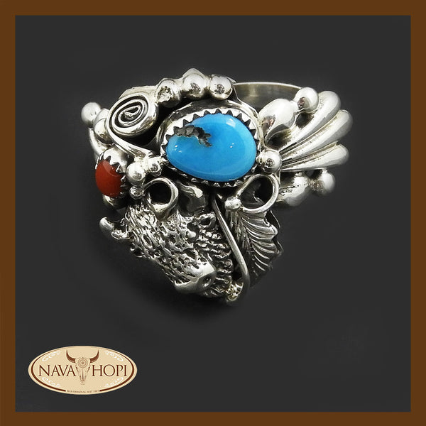 Silver Fox Navajo Style Ring – 925 Sterling Silber, Multicolor Chip Inlay, Büffel Bison Motiv – Westernschmuck