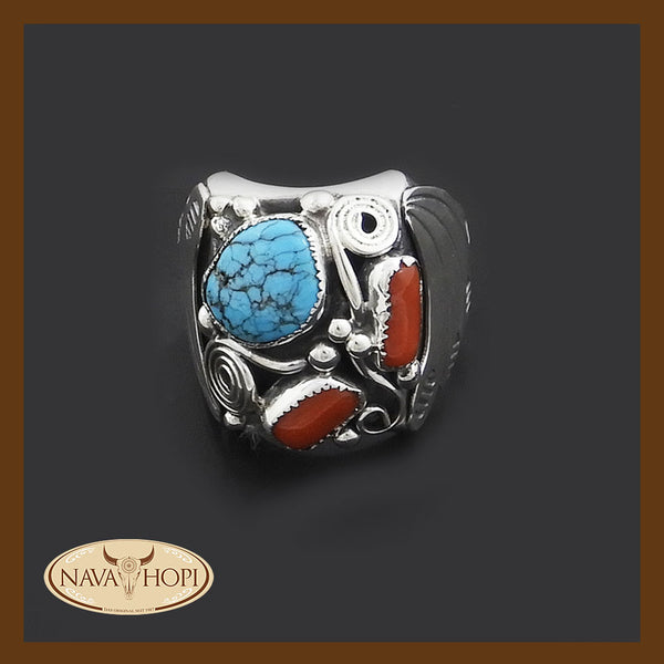 Navajo Herrenring Türkis und Koralle