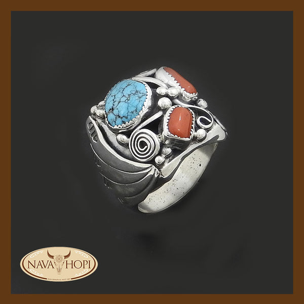 Navajo Herrenring Türkis und Koralle