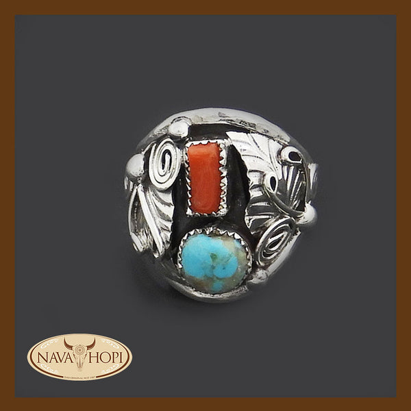 Navajo Herrenring Türkis und Koralle
